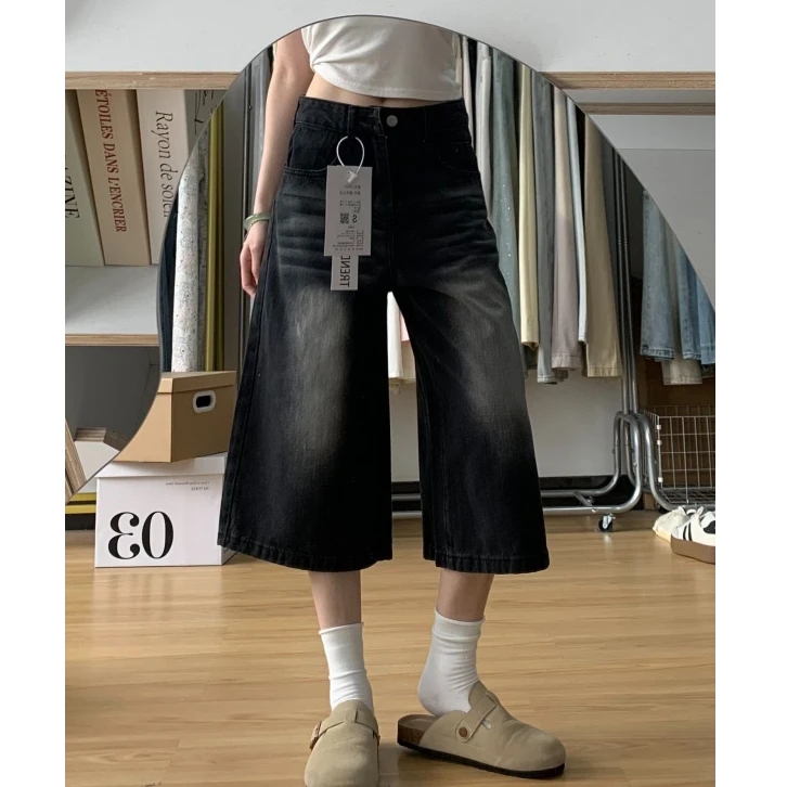 夏2025新款水洗做旧宽松阔腿辣妹牛仔中裤子美式复古黑色七分裤女