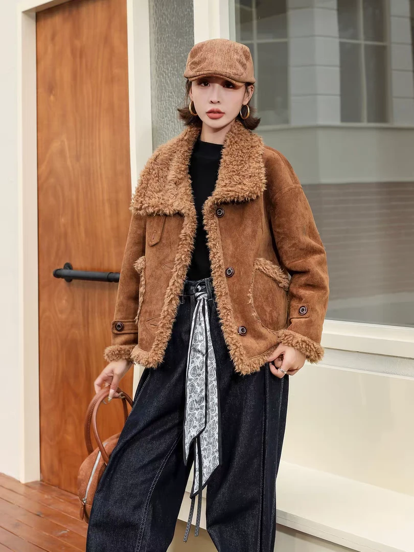 美拉德皮毛一体外套女2025秋冬新款时尚洋气减龄鹿皮绒上衣