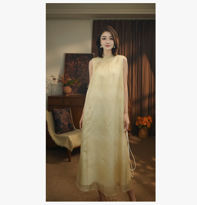 826588 莺黄·初春新款阔版减龄百分百桑蚕丝连衣裙