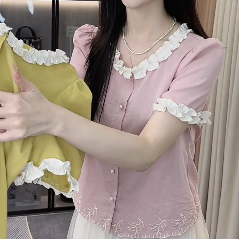 夏季2025洋气花边领衬衫时尚小香风温馨百搭宽松新款休闲显瘦上衣