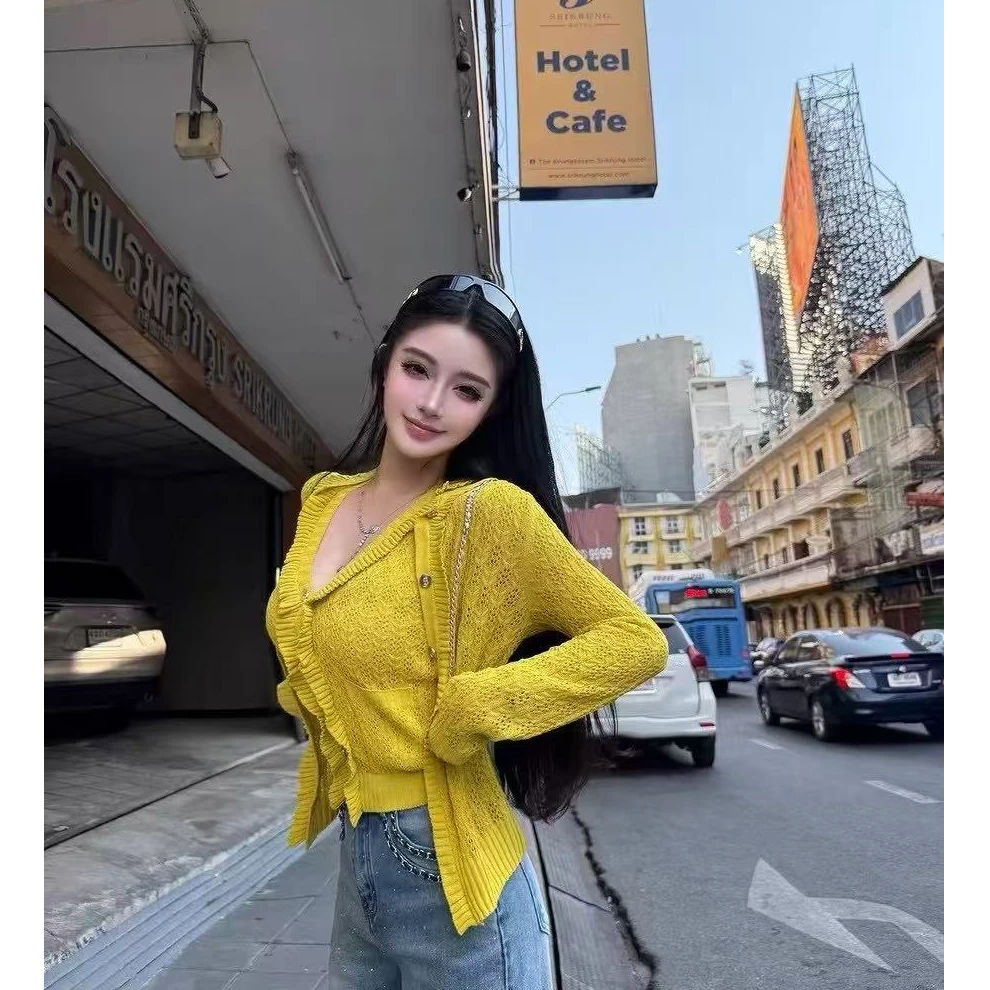 【招财小黄花】雏菊黄Je*nni同款巨显白背心开衫针织套装