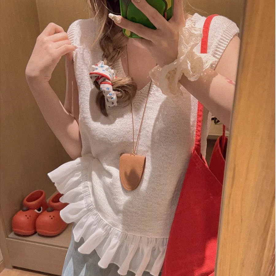 韩系外穿上衣撞色木耳花边下摆白色时尚感气质背心女2025夏季新款