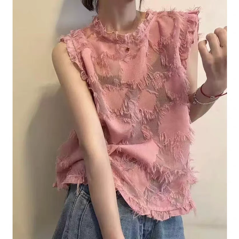 9102拼接木耳边拉毛流苏无袖打底