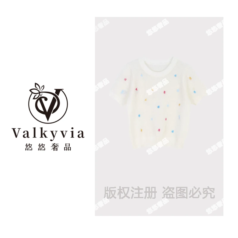 【Valkyvia/悠悠奢品】天丝亚麻彩马刺绣圆领短袖针织衫上衣msl475