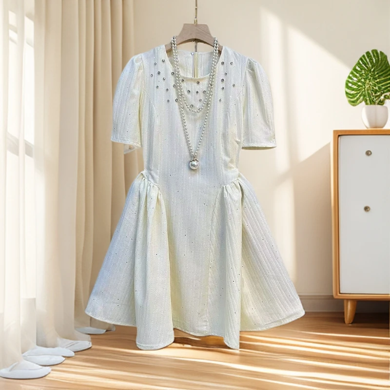 新款重工镶钻满天星工艺时尚竖条纹泡泡袖设计拼接洋气优雅连衣裙