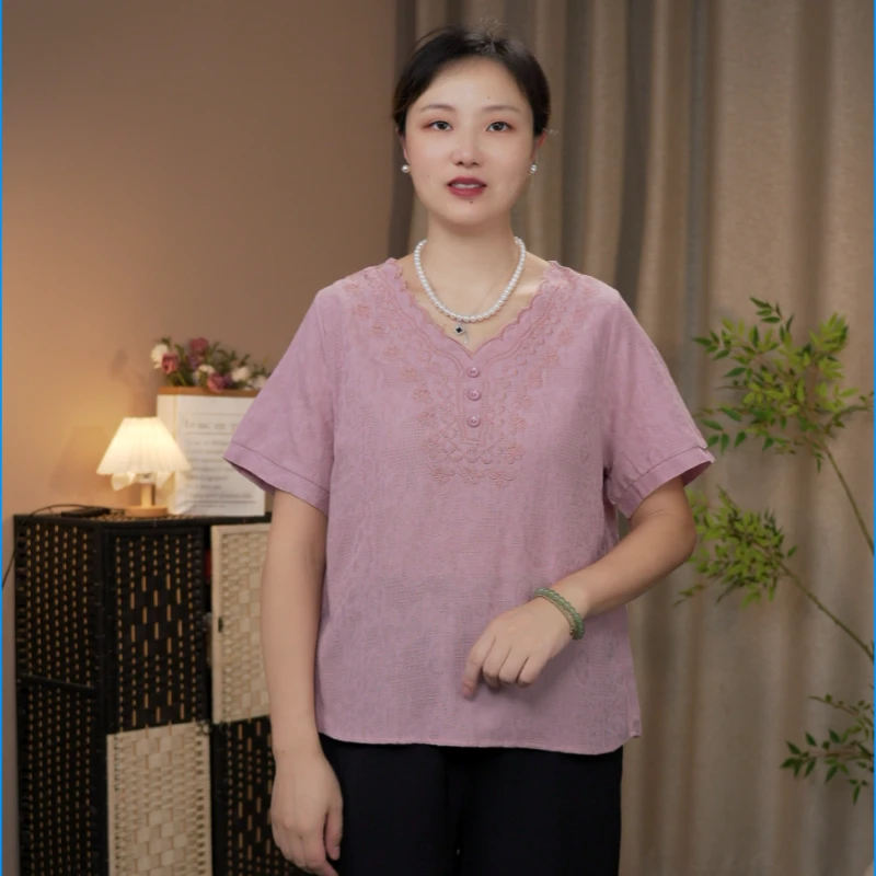 中老年大码女装民族风提花短袖V领T恤胖妈妈婆婆宽松版型套头上衣