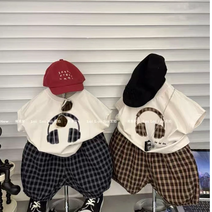 男童夏季新款套装休闲简单大气舒服耳机格子