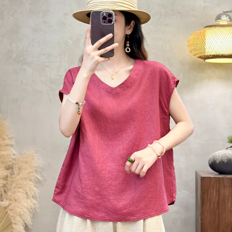 (净版文艺亚麻上衣)9067夏季新款百搭套头V领休闲纯色短袖W