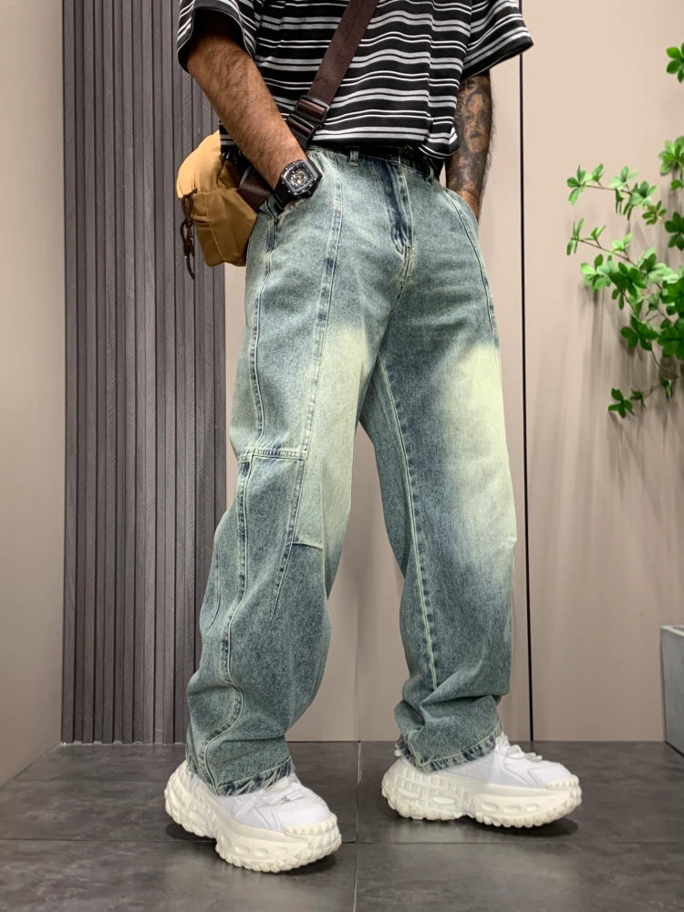 美式高街复古水洗做旧磨白牛仔裤潮流宽松直筒痞帅百搭阔腿弯刀裤