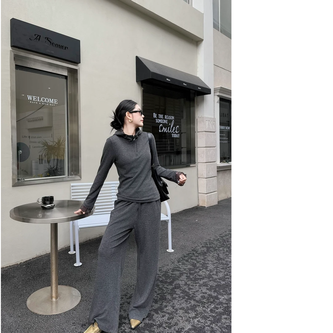 韩系蕾丝气氛感两件套春游出行衣服女士显瘦修身长袖套装8830
