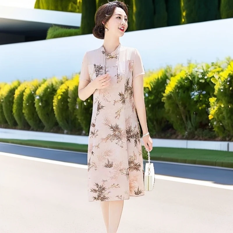 P062#【木兮兮专属】2025年夏季新款气质显瘦百搭竹叶印花连衣裙