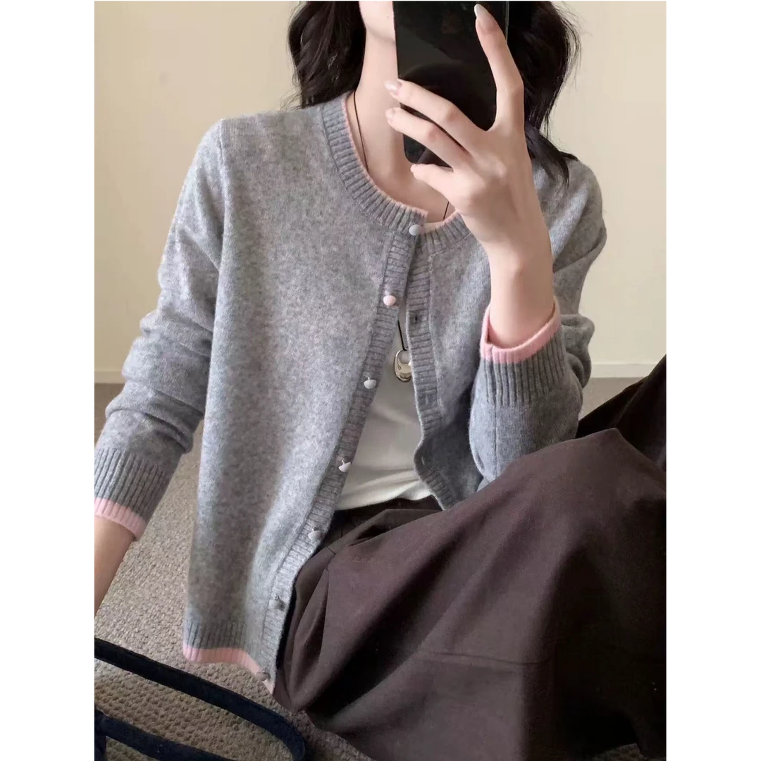 粉拼拼色圆领秋冬撞色针织开衫女毛衣气质宽松上衣
