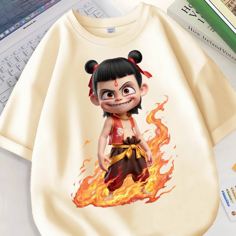 可爱魔丸哪吒卡通夏季新款男女中大儿童短袖t恤纯棉圆领宽松上衣1