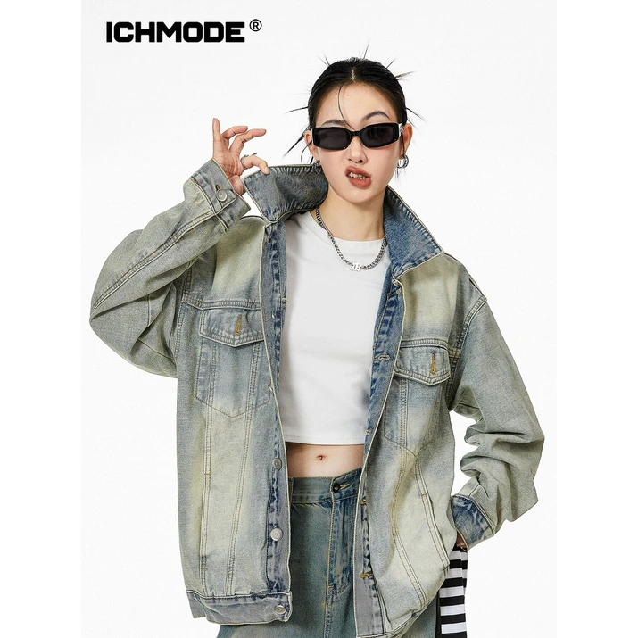 ICH MODE美式做旧水洗牛仔外套开衫夹克短款时尚休闲复古宽松印花