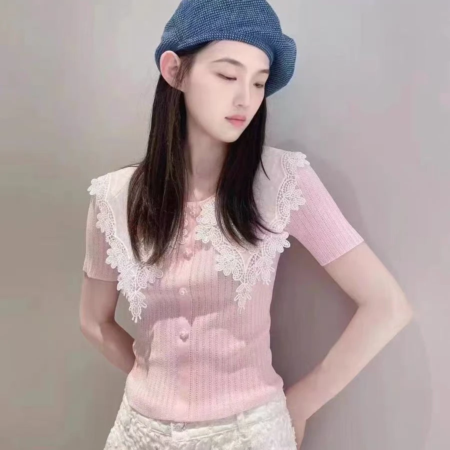 34夏季朋克风娃娃镂空衬衫薄款拼接毛针织衫毛衣针织衫蕾丝女