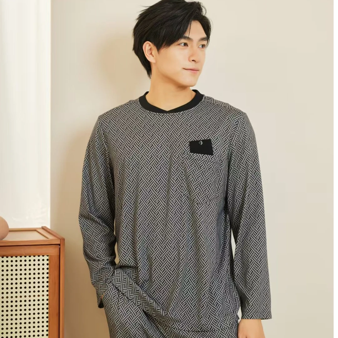 男士丝光棉时尚印花圆领套头家居服睡衣男款爆款2025新款