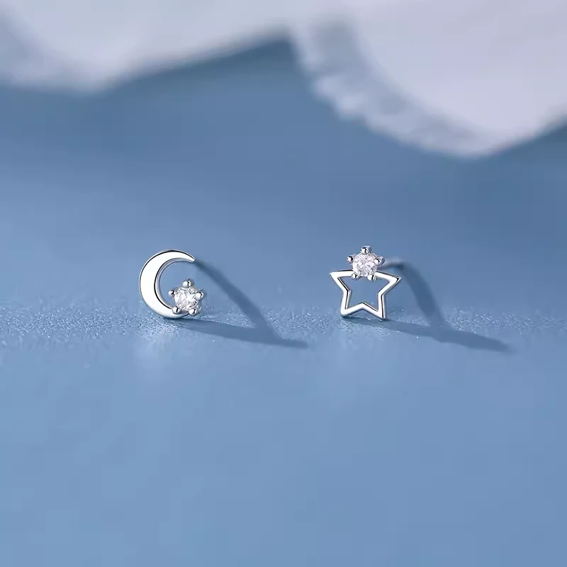 足银耳饰 999足银星月女小众设计感耳环不对称耳骨钉纯银饰品