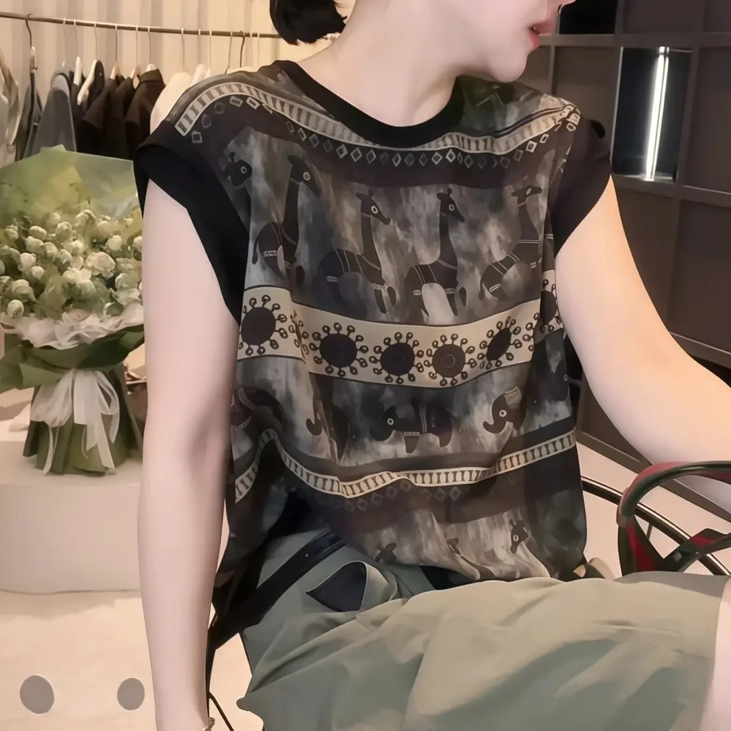 夏季新款复古印花雪纺衫T恤时尚圆领气质百搭女装