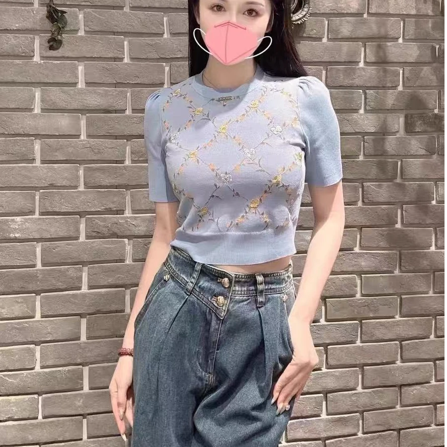 毛针织衫圆领时尚泡泡袖设计感高腰修身打底春季百搭复古港风