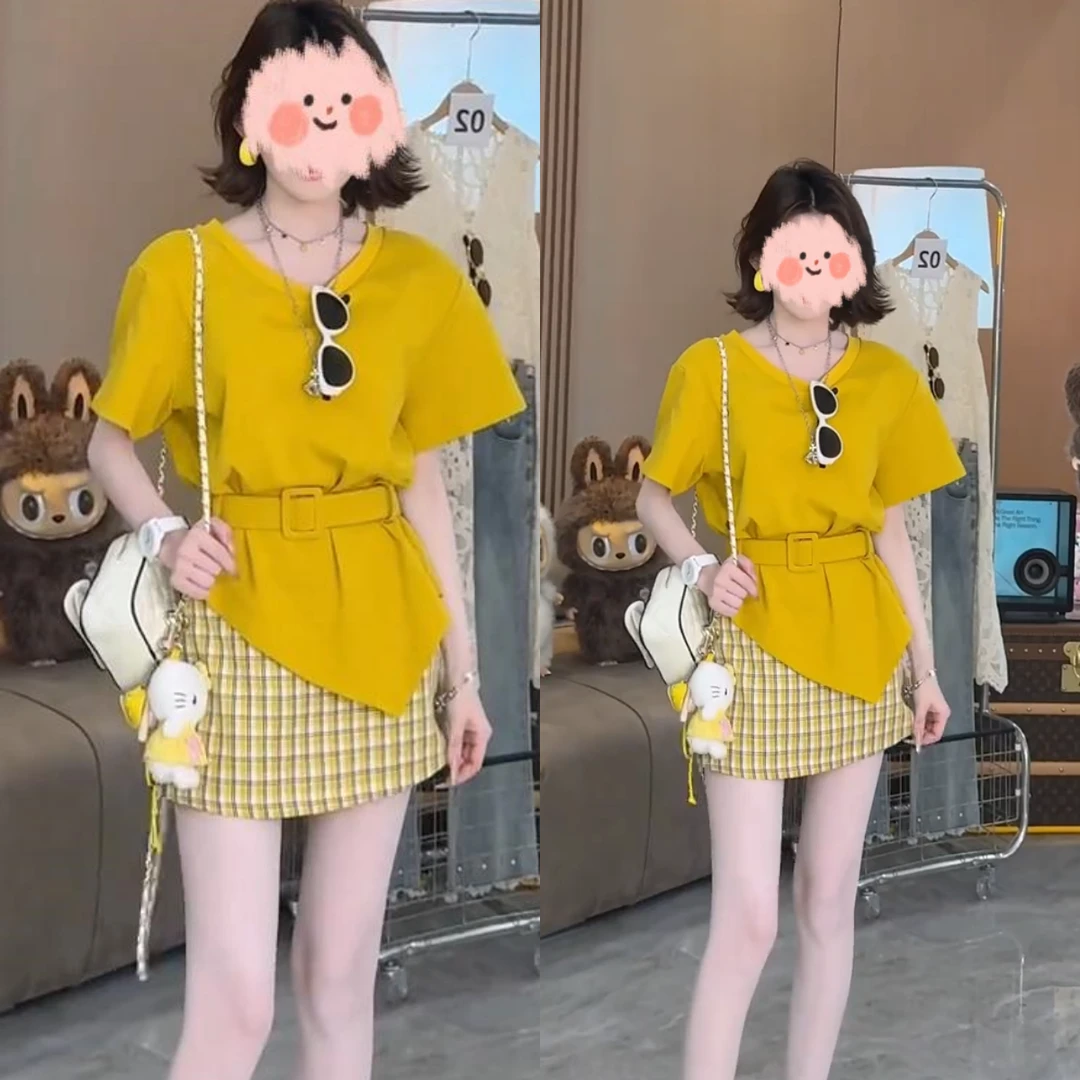 时尚轻熟风时尚套装INS风系带斜肩短袖上衣+格子半裙时尚显瘦套装