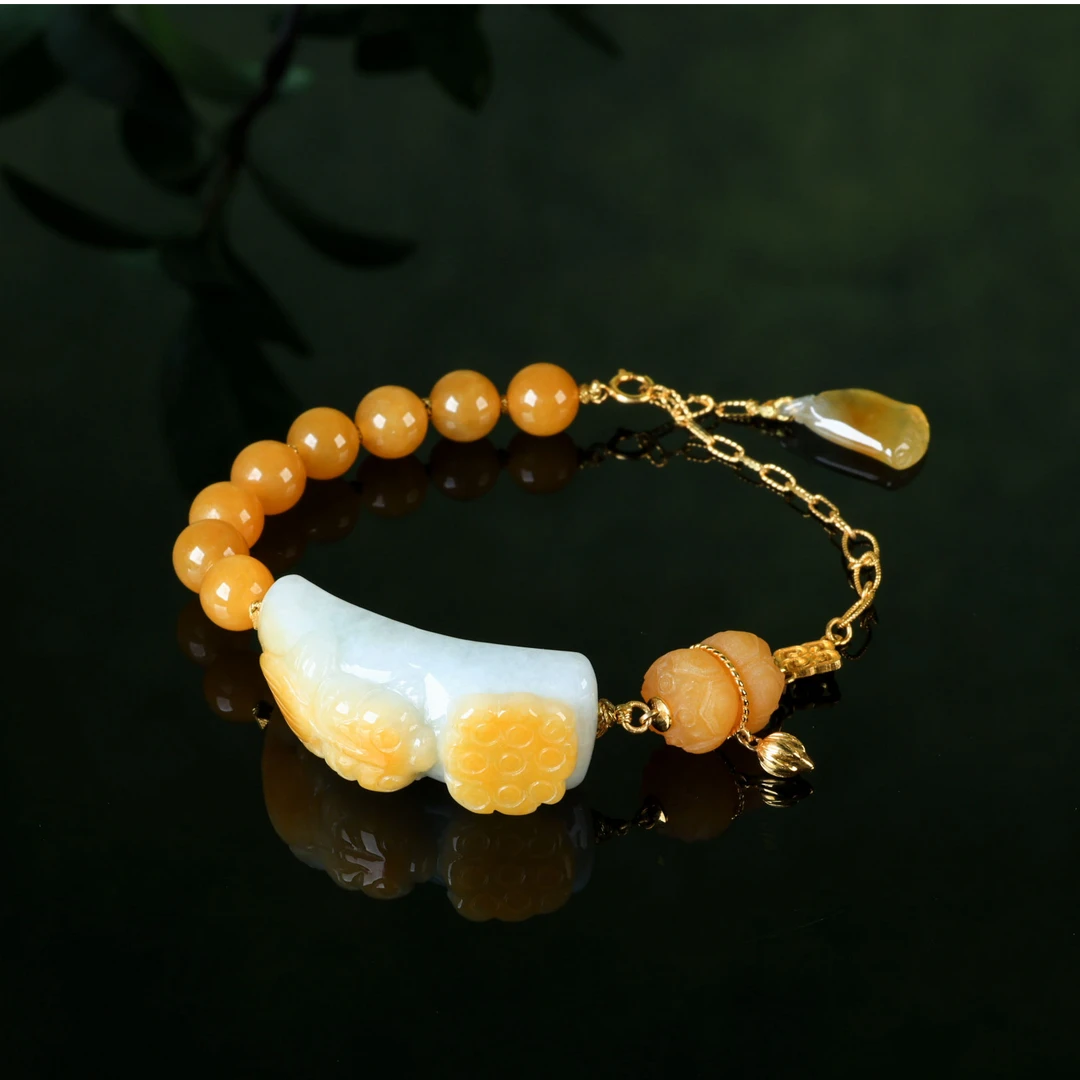 【意婵】18k金天然缅A老翡翠精雕单圈手串缅黄-917390