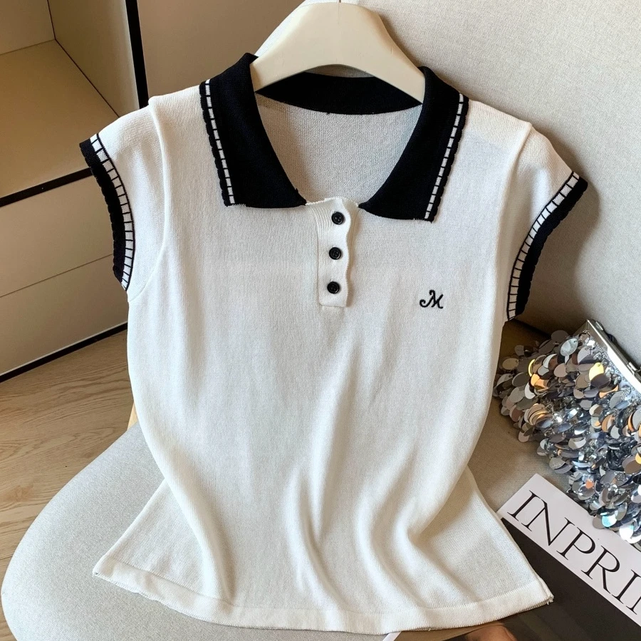 夏季新款韩系撞色翻领冰丝小飞袖针织衫女洋气减龄百搭t恤上衣潮