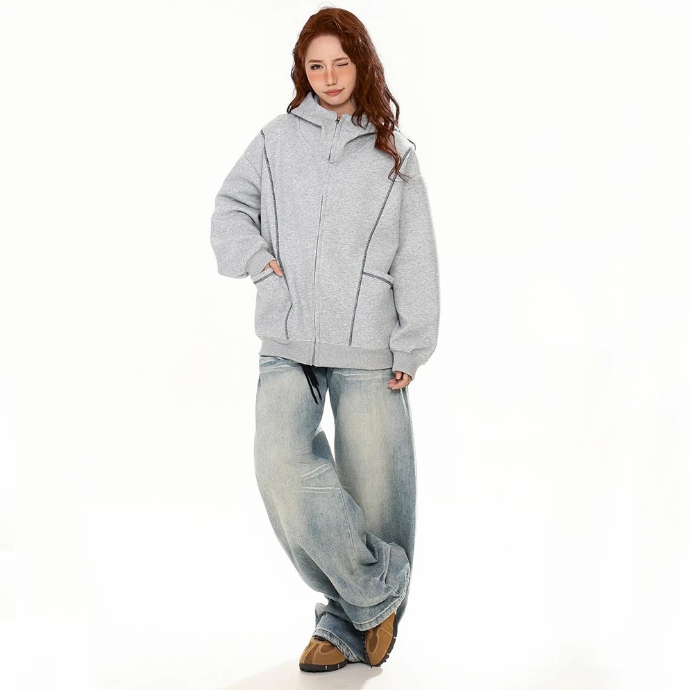 2025新款早秋设计感灰色连帽外套女韩系宽松大码女装休闲开衫卫衣