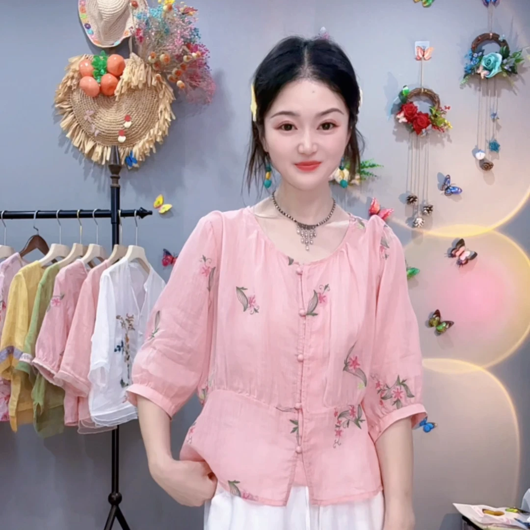 麻小球 甜美花香优雅女人气质减龄时尚款100苎麻上衣