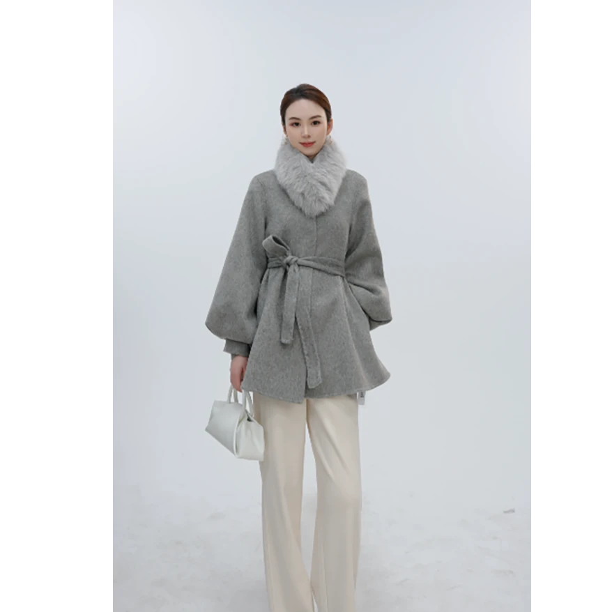 「JS」中长款圆领纯色带毛领外套宽松短款JD1D0342