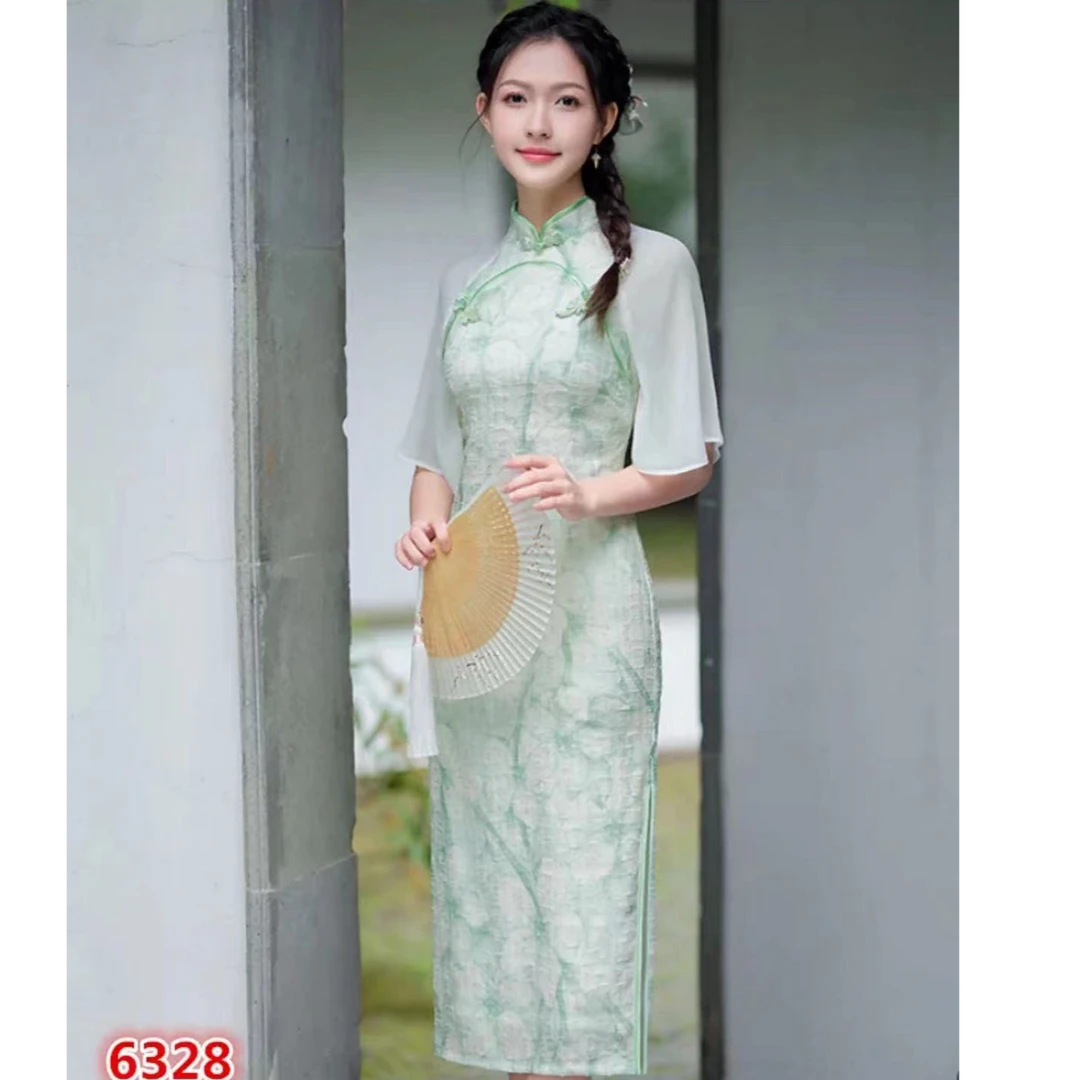 436-浅绿 落肩 莎莎袖 年轻 改良 旗袍