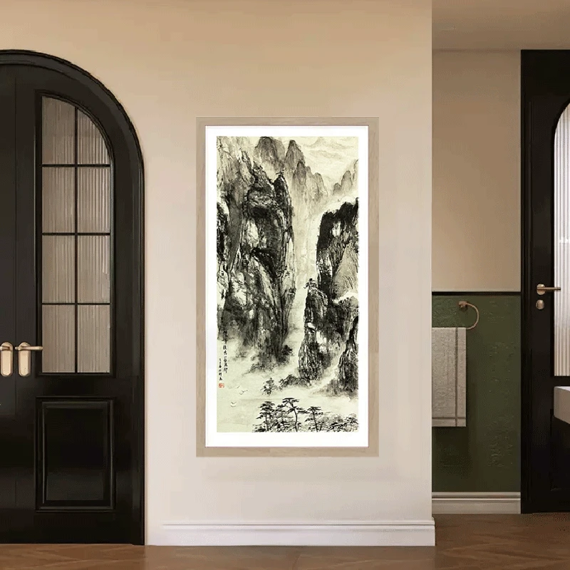 新中式山水风景竖版装饰画入户玄关过道壁画书房茶室办公室挂画