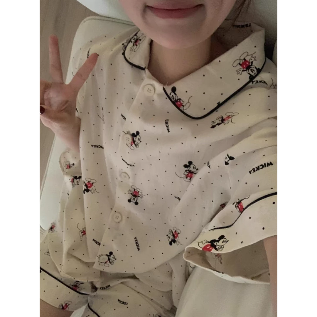 女夏季短袖短裤卡通小米奇家居服套装对襟薄款青年睡衣