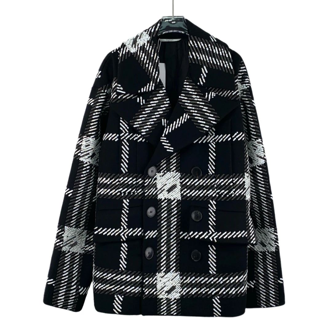 99新 Valentino/华伦天奴  IM0681  黑色格纹绵羊毛翻领大衣 M码