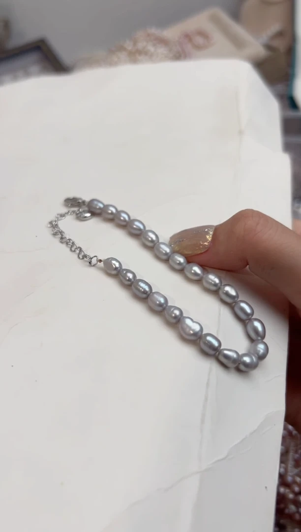 未镶嵌22淡水珍珠珍珠手链*灰色5mm左右