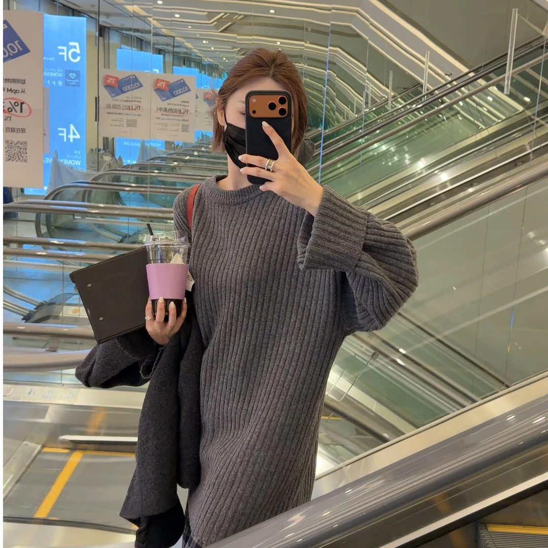 2025新款圆领套头显瘦毛衣上衣女秋冬宽松慵懒百搭纯色针织衫休闲