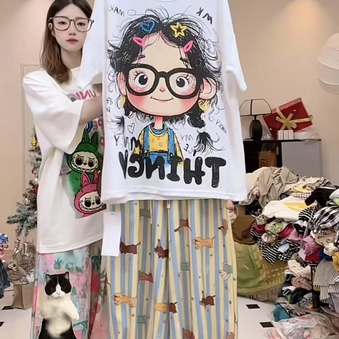 大码女装卡通眼镜女孩短袖腊肠狗束脚裤套装