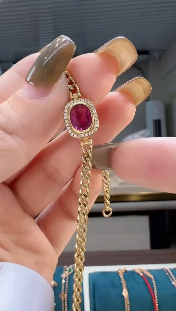 手链18K金镶嵌碧玺碧玺古巴手链K黄