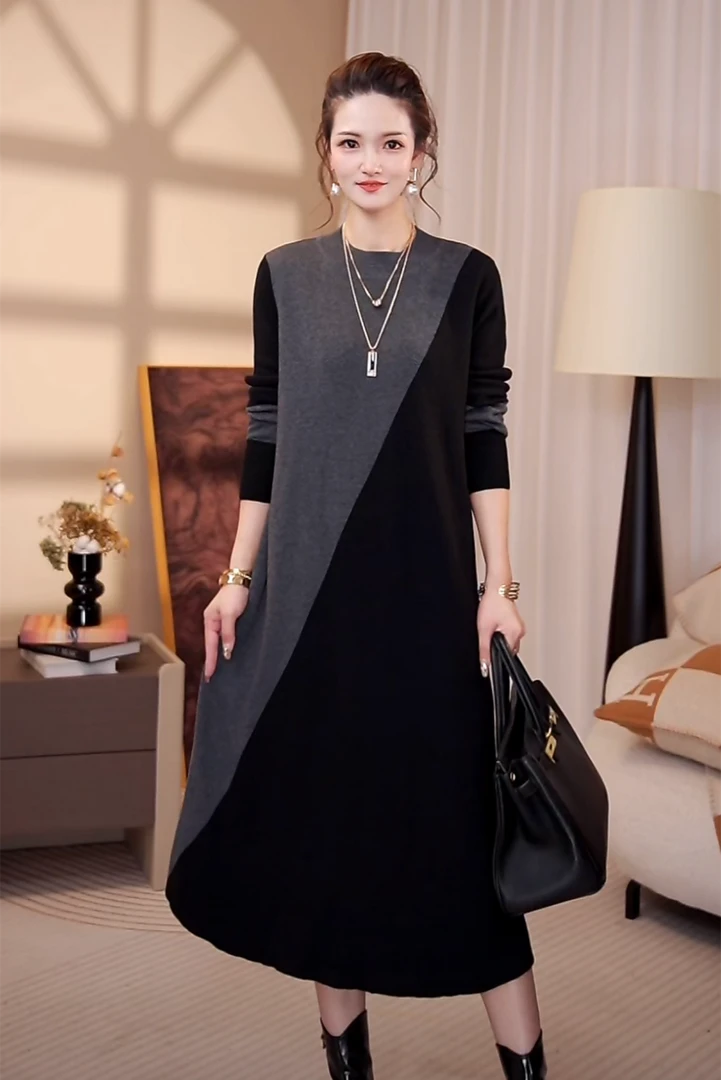 高端品质[两仪]时尚大码长款妈妈毛衣显瘦洋气连衣裙-1205#