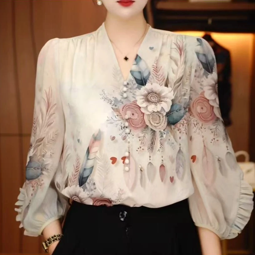 夏季设计感新款琉璃双皱丝洋气时尚百搭休闲气质烫钻印花小衫显瘦