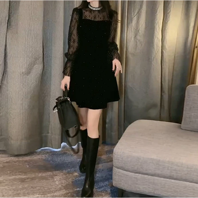 欧洲站小香风年会小黑裙秋冬女重要场合丝绒感收腰显瘦蕾丝连衣裙