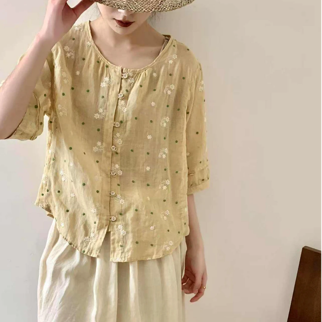 夏季苎麻圆领小衫女 复古文艺气质衬衣宽松花色衬衫