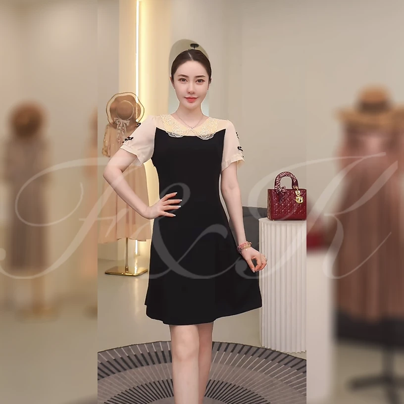 D069时尚新款甜美赫本风女装连衣裙法式小众轻奢气质中长款小黑裙