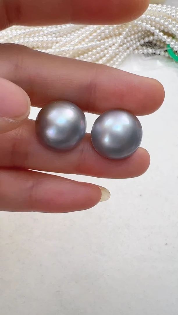 【闪购商品】拼合珍珠（马贝珠）耳饰银S925镶嵌灰色素钉