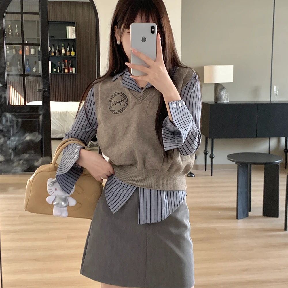 2025新款大码女装百搭毛衣背心长袖衬衣两件套装 2501