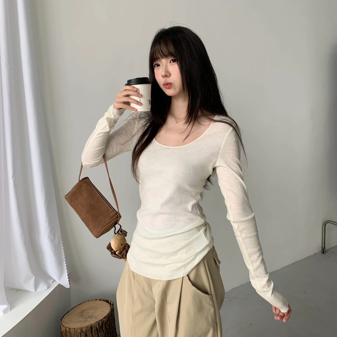 100%澳洲美丽诺绵羊毛U领羊毛针织打底衫秋冬款修身内搭