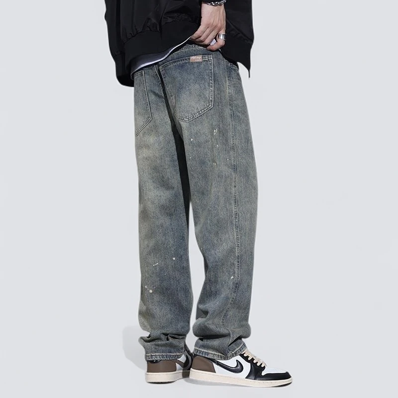 秋季美式怀旧复古泼墨做旧牛仔裤男士潮牌宽松直筒春秋长裤子潮流