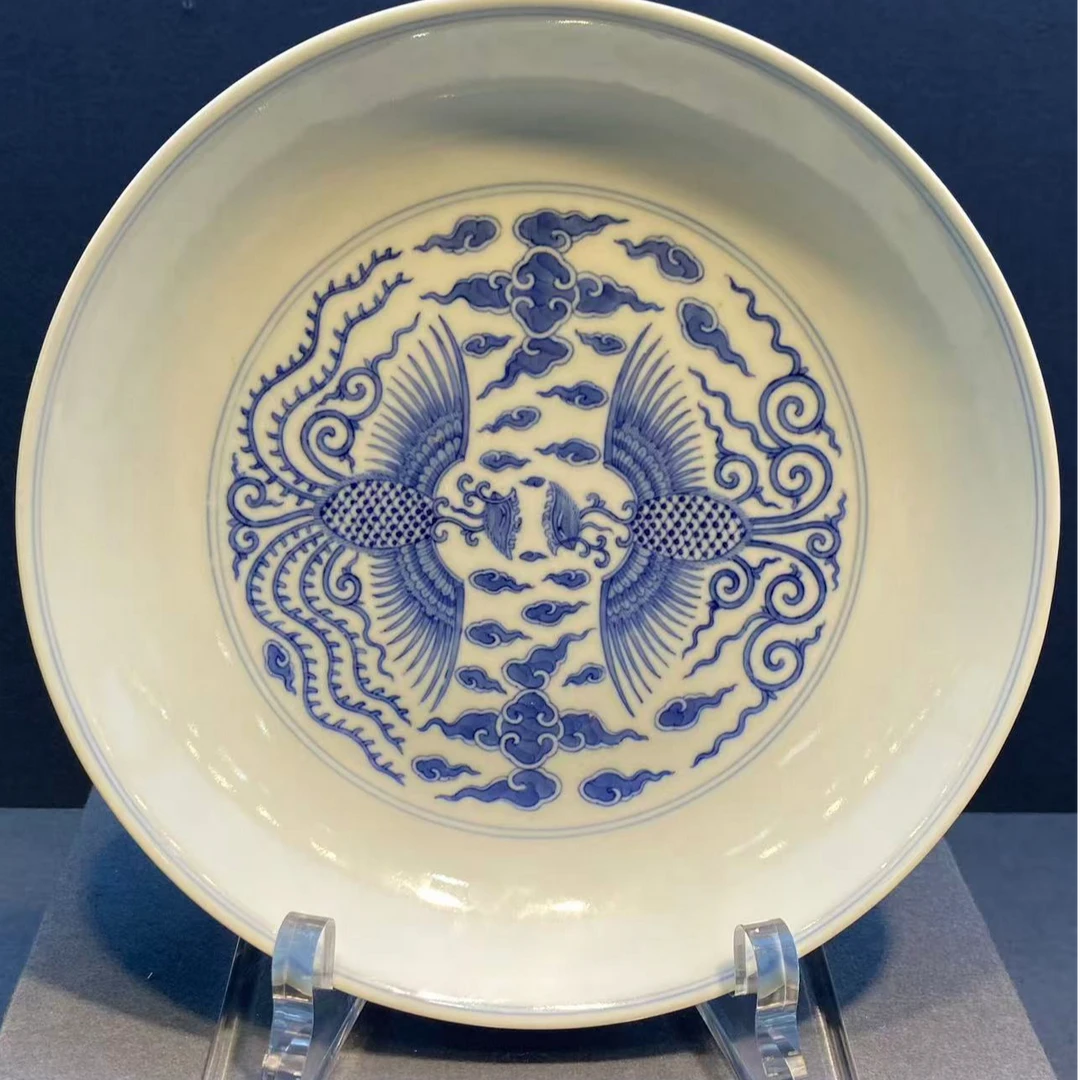 青花对头凤纹大盘品相一对飞皮修