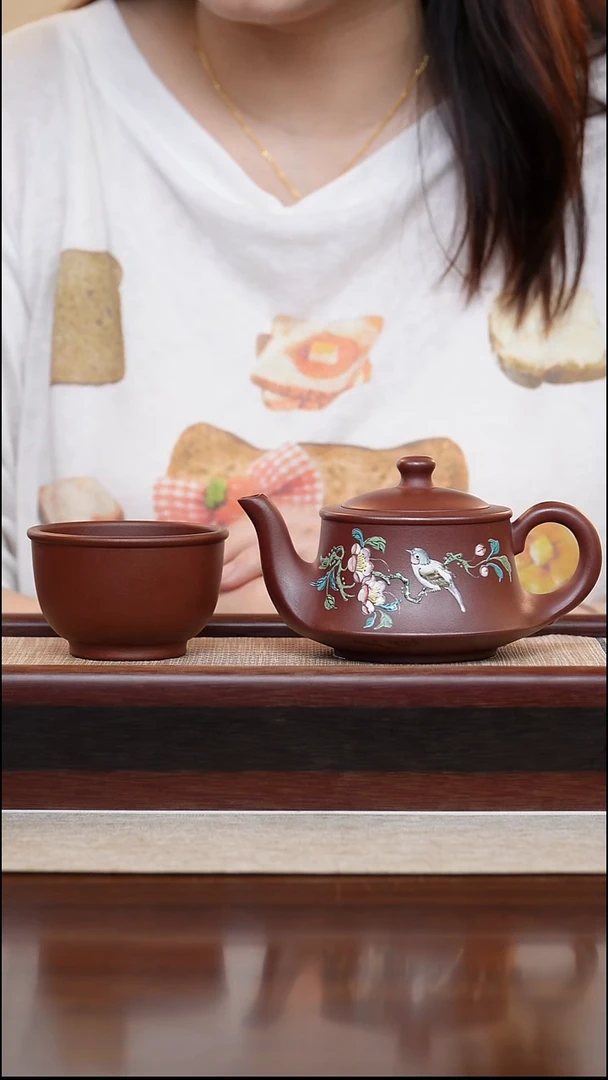 龙血砂点彩曲壶240cc宜兴手工紫砂壶＋杯子