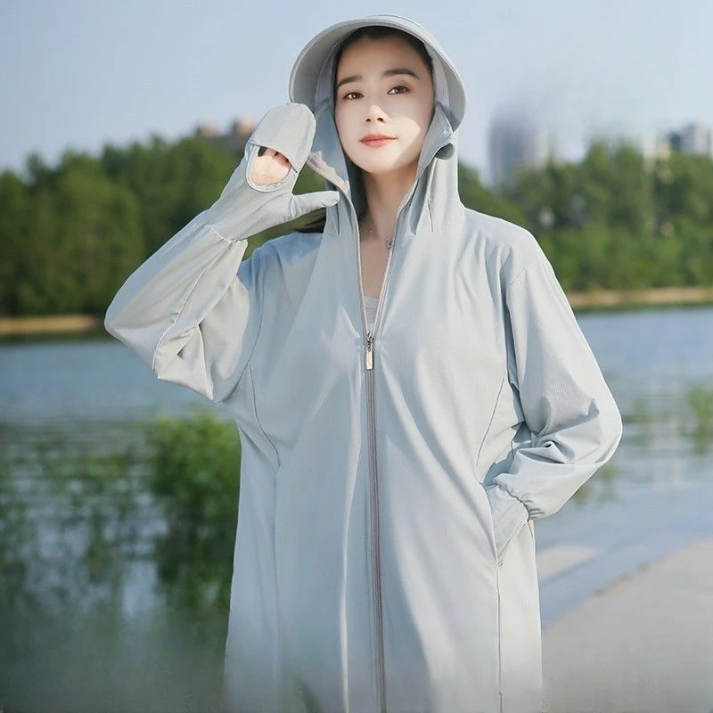 新款指尖防晒衣女春夏防紫外线户外凉感轻薄透气中长款防晒服2025
