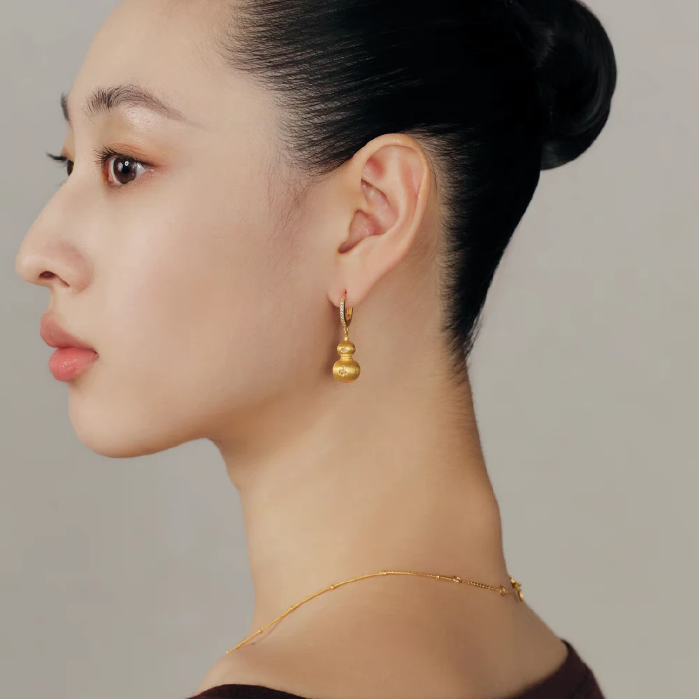 黄铜耳饰 葫芦耳环女金色中式拉丝耳钉独特小众轻奢高级感耳饰